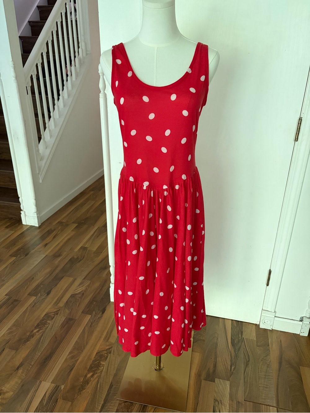 Vintage Red Polka Dot Sleeveless Midi Dress, Drop waist Full Skirt & Pockets, L